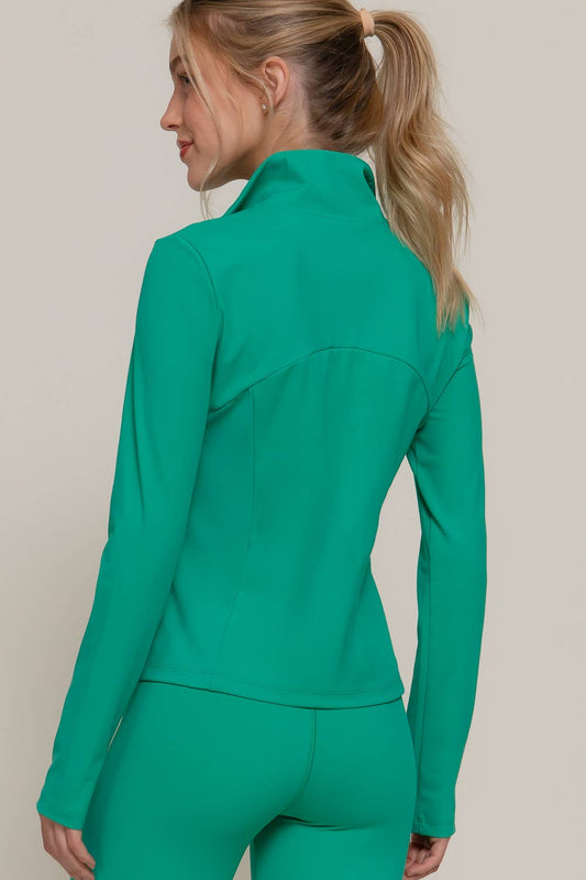 Long Sleeve Mock Neck Seam Detail Workout Jacket: GRN-jade green / L