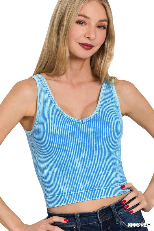 Washed Ribbed Seamless Bra Padded V-neck Tank Top: DEEP SKY