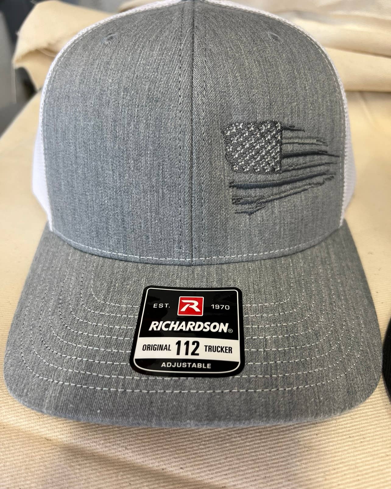 Distressed Flag Embroidered Hat: Grey/White