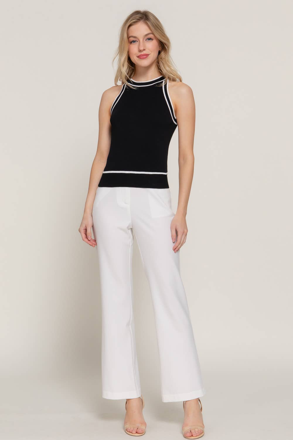 Contrast Stripe Halter Neck Spring Sweater: TEL-jade/white / S
