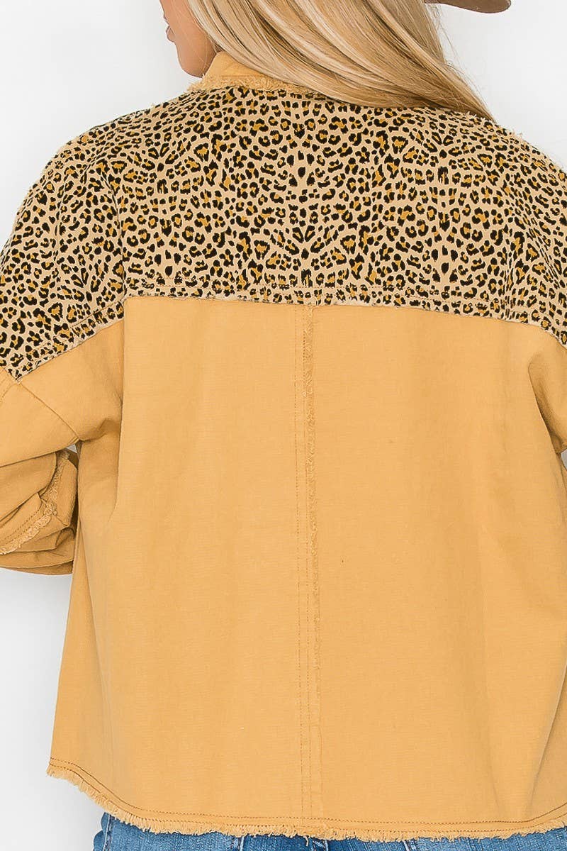 Leopard Contrast Denim Jacket with Raw edge: Mocha