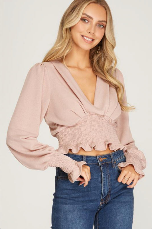 Blush Pink crop V neck LS Blouse