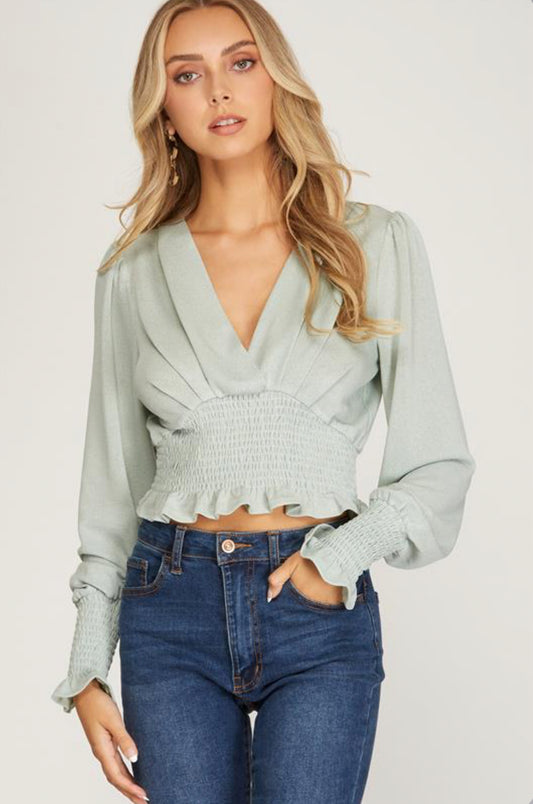 Mint Crop V Neck LS Blouse