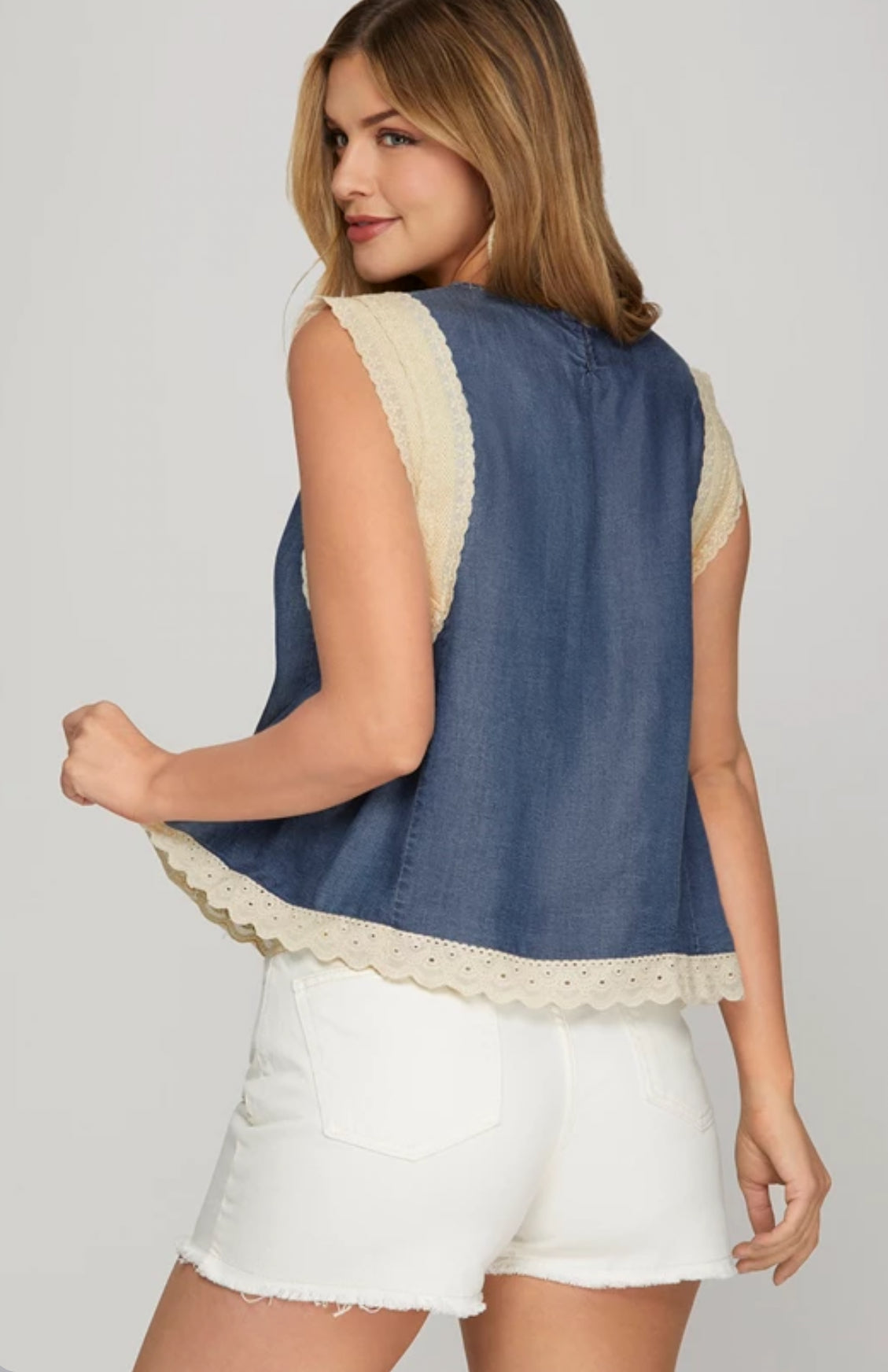 Denim Tank with lace trim