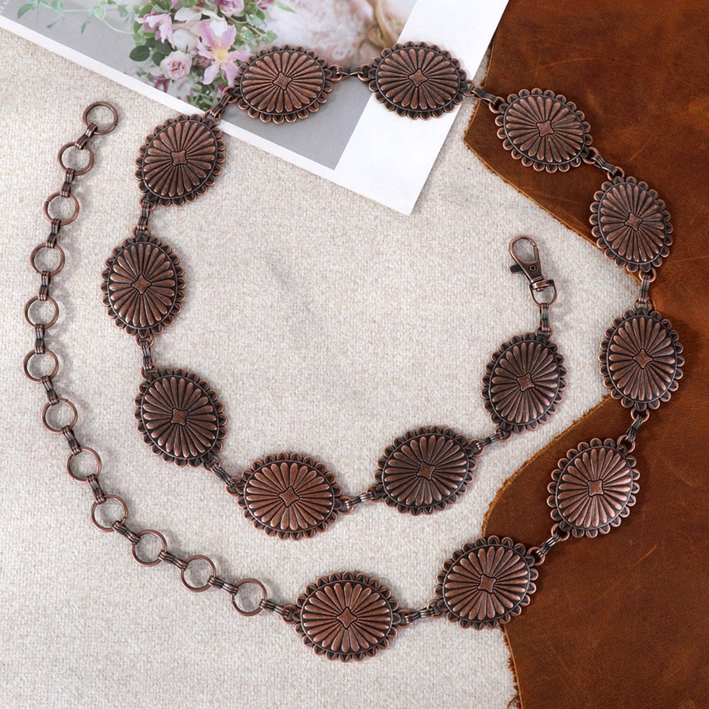 RCB-1030 Rustic Couture Etched Bronze Oval Concho Link Chain Belt: Bronze