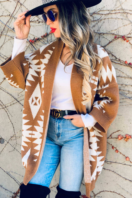 Caramel Open Front Aztec Printed Knitted Cardigan: Caramel / One Size