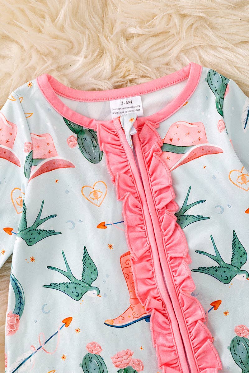 Cactus printed baby bodysuit with ruffle trim. RPG53364 AMY: 12-18 months