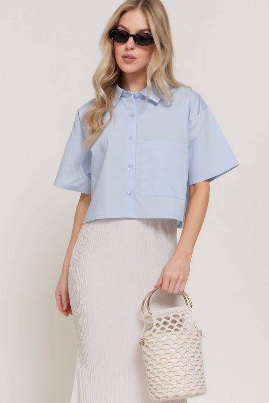 Short Sleeve Button Down Poplin Boxy Woven Shirt: BLU-blue / L