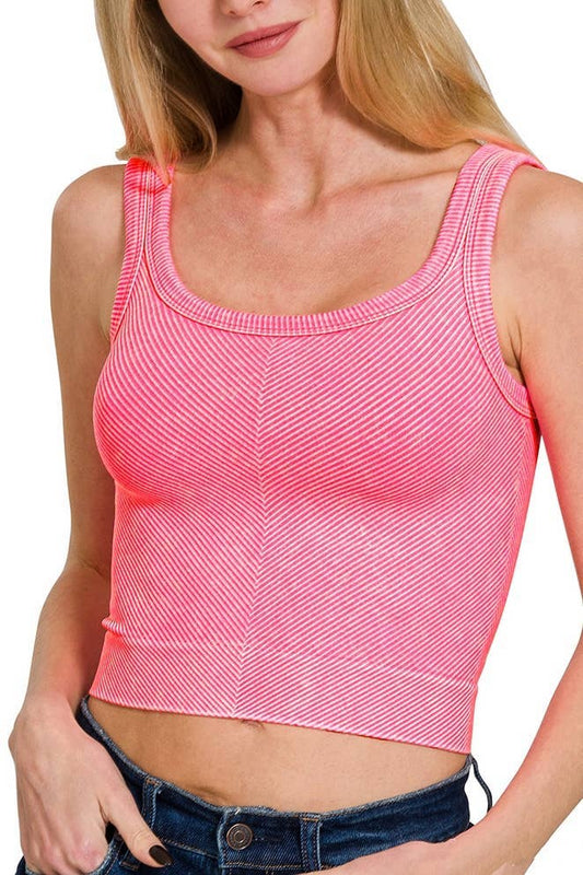 Stone Washed Ribbed Seamless Bra Tank Top CORAL FUCHSIA