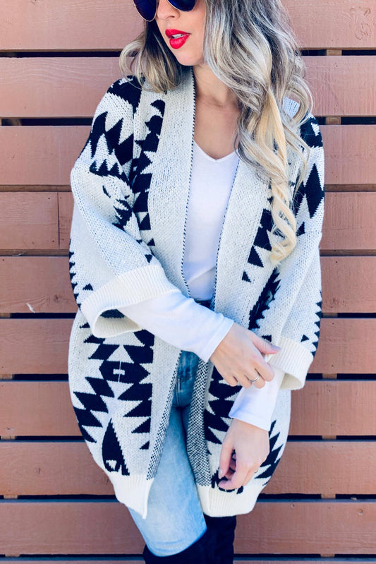 Cream Open Front Aztec Printed Knitted Cardigan: Cream / One Size
