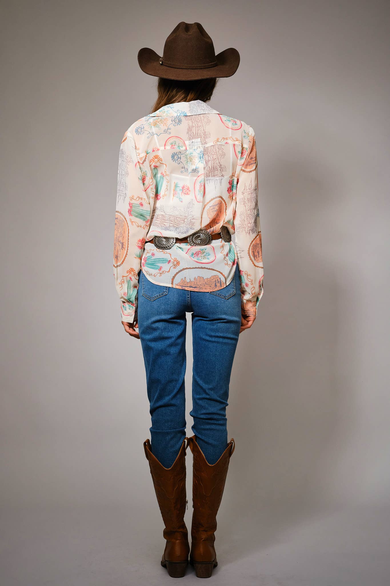 Western Print Chiffon Shirt: MULTI