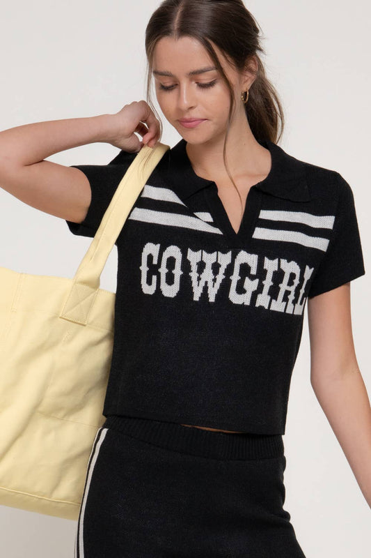 Jacquard Front Short Sleeve polo Knit Top: BLK-black/ivory / M