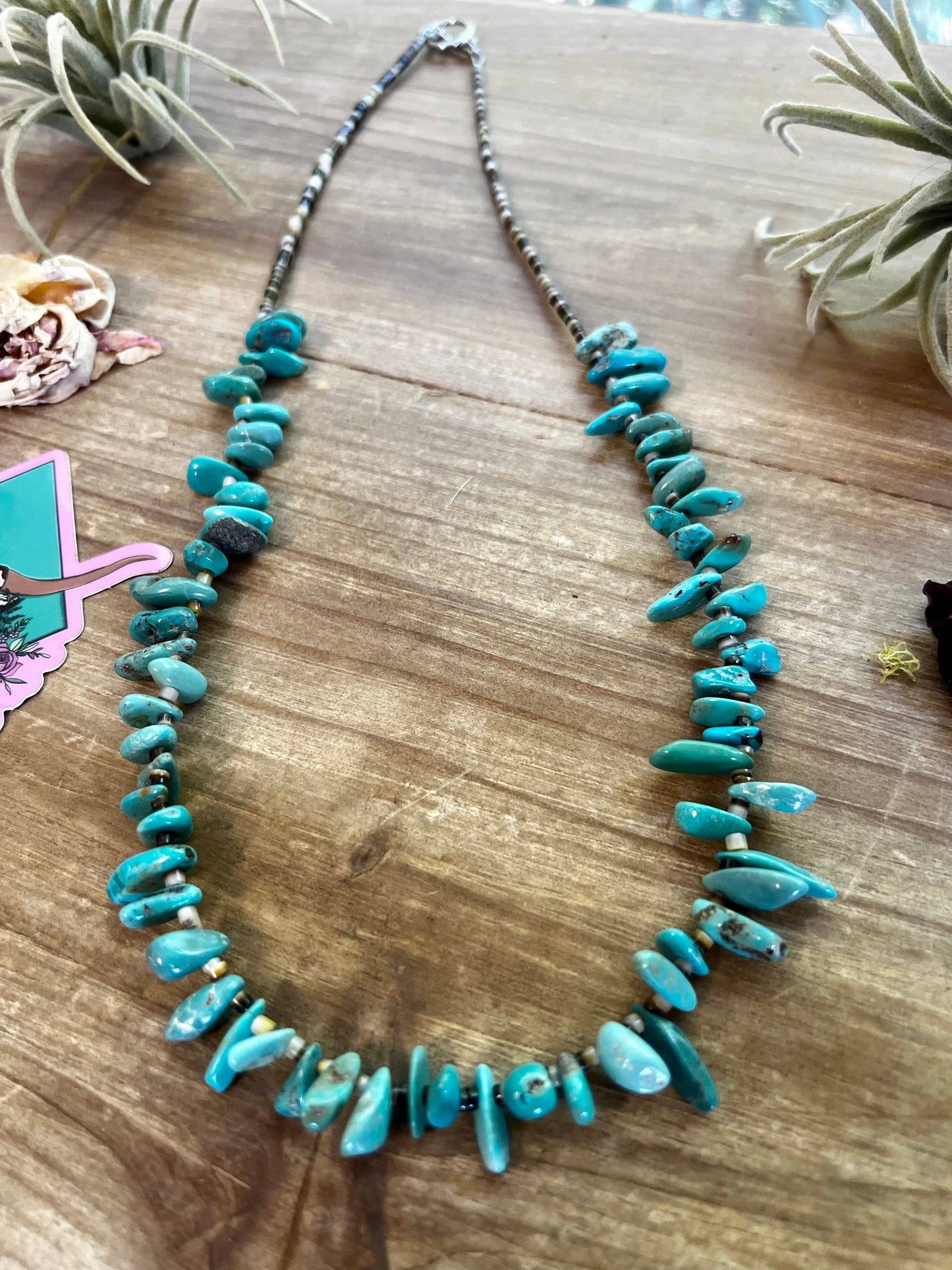 22 inch long real turquoise and shell teardrop shape blue