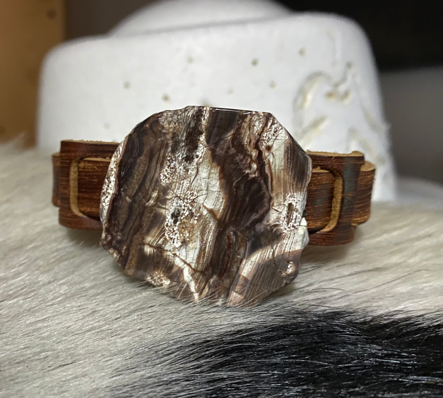 Dusty Leather Narrow Cuff with Brown Ocean Agate Slab 006z