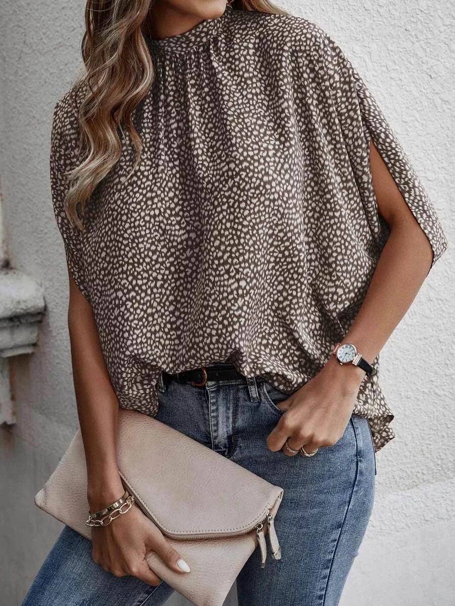 Mock collar winged blouse: Green / S