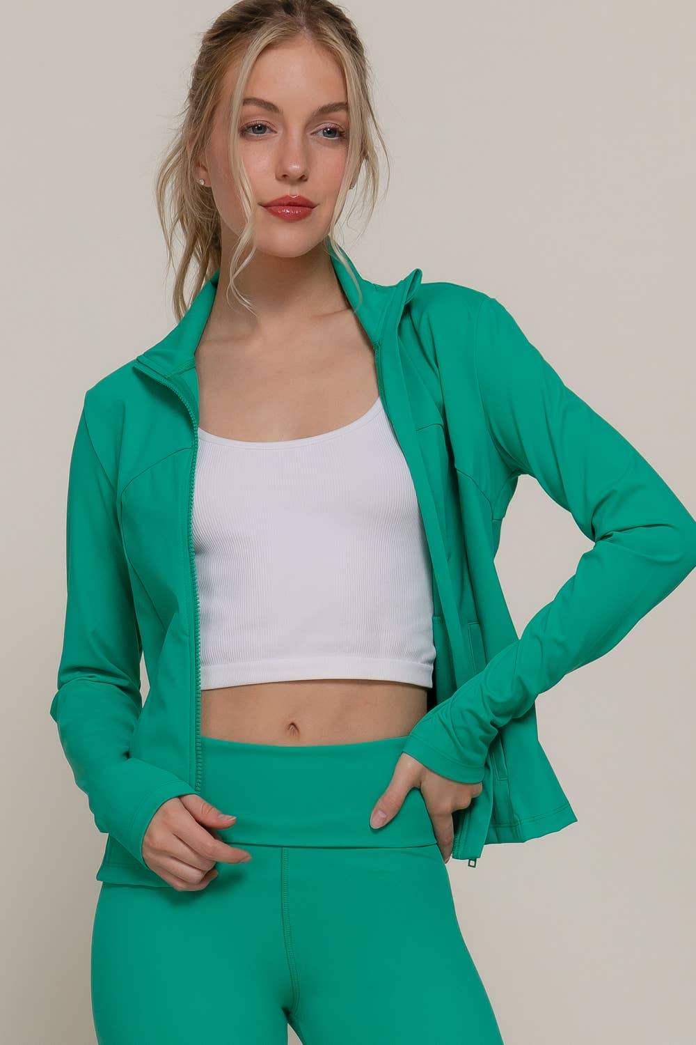 Long Sleeve Mock Neck Seam Detail Workout Jacket: GRN-jade green / L