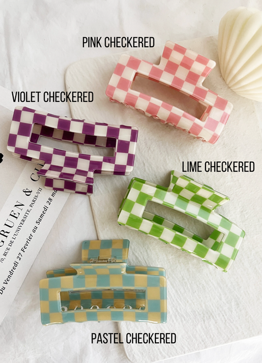 Jumbo 4" Acetate Hair Claw, Tortoise Hair Clips - BETTY-CK: Lime Checkered