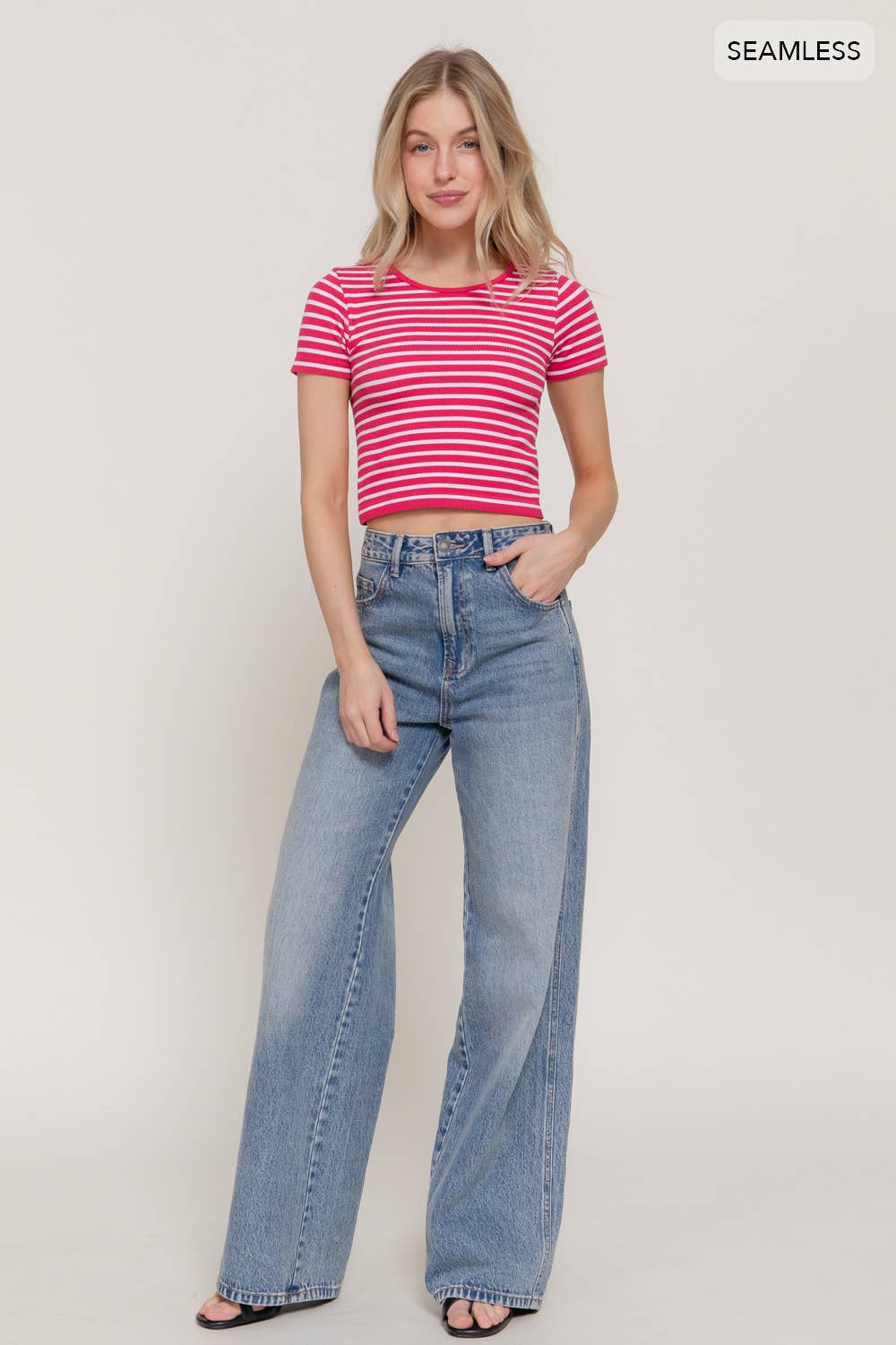 Short Sleeve Crew Neck Stripe Seamless Rib Knit Top