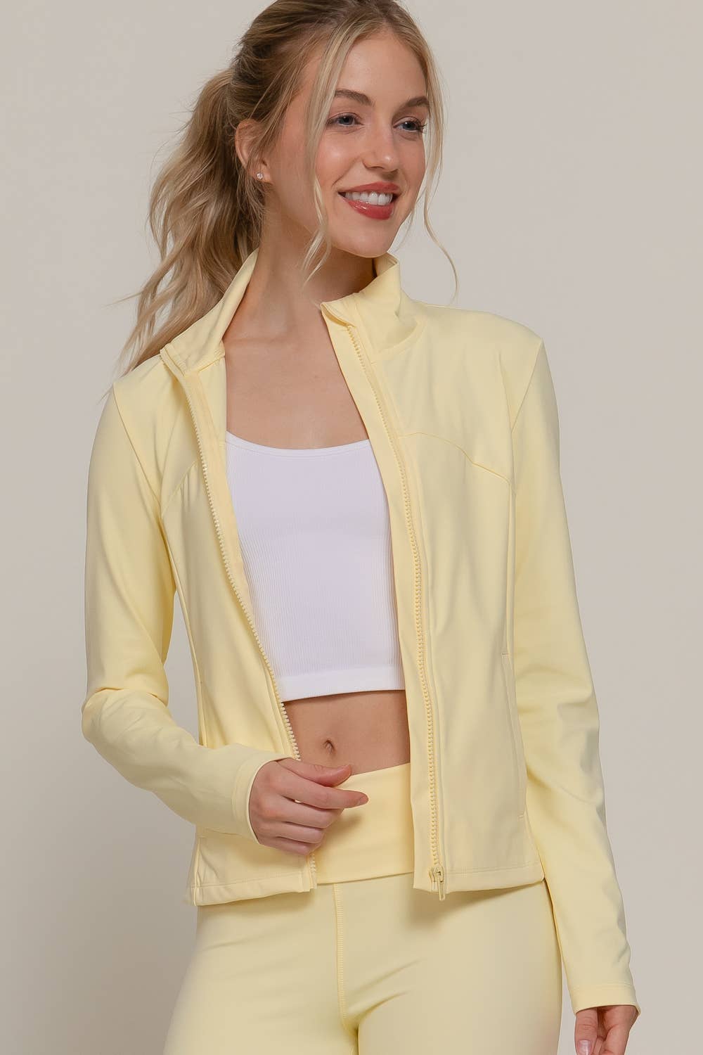 Long Sleeve Mock Neck Seam Detail Workout Jacket: GRN-jade green / L