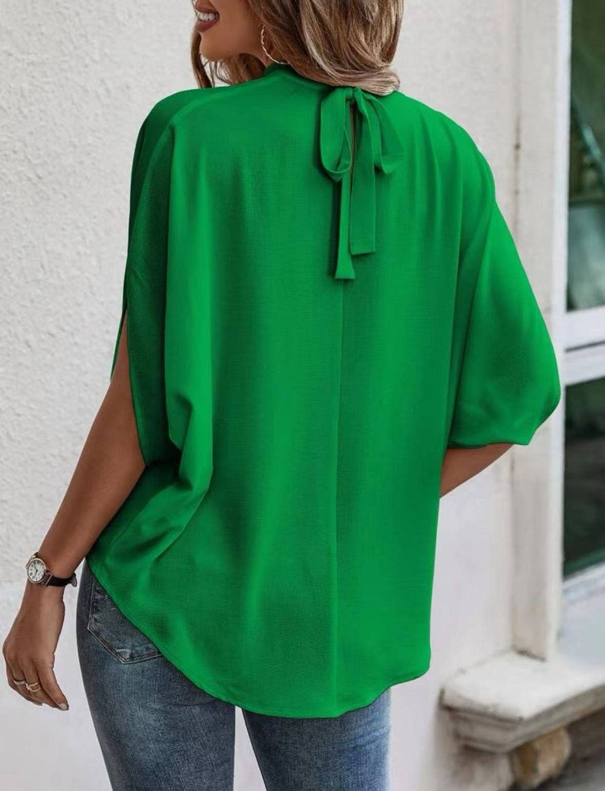 Mock collar winged blouse: Green / L