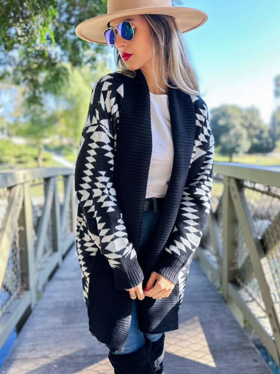 Black Aztec Printed Lightweight Cardigan with Pockets: Black / One Size
