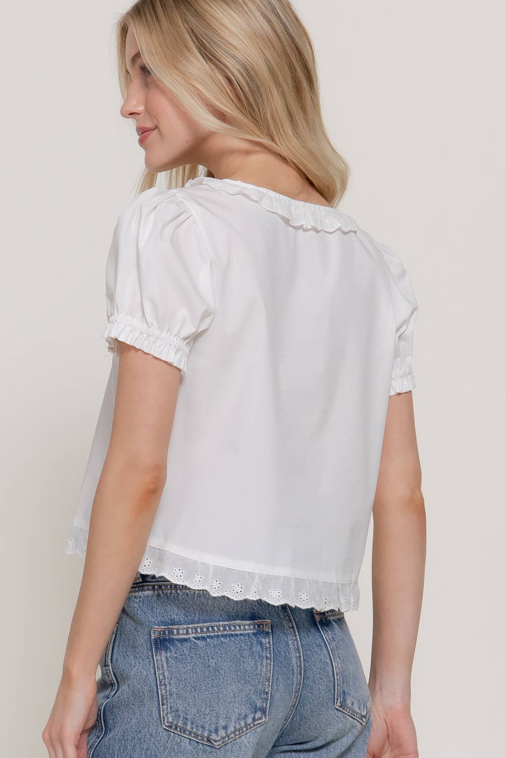 Short Sleeve Square Neck Blouse with Eyelet Lace Trim & Tie: WHT-white / S