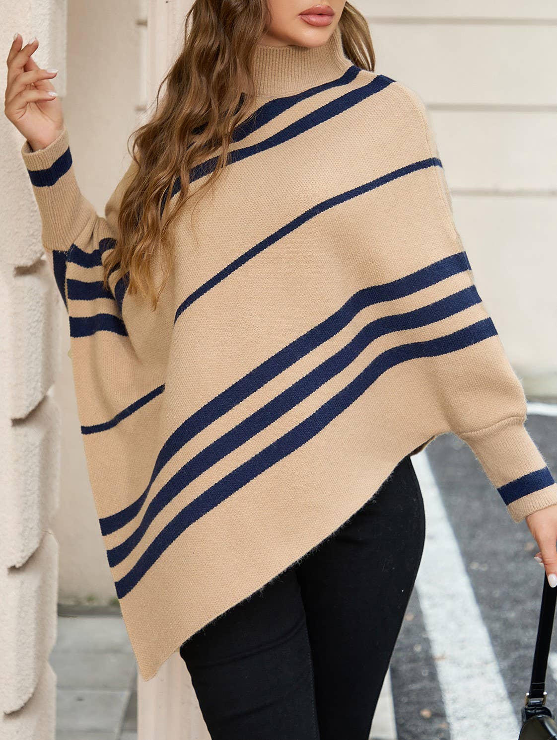 Striped Half-Neck Dolman-Sleeved Knitted Cape Shawl: Khaki