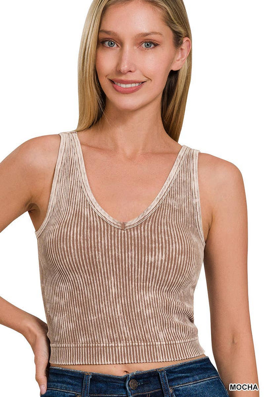 Washed Ribbed Seamless Bra Padded V-neck Tank Top: MOCHA