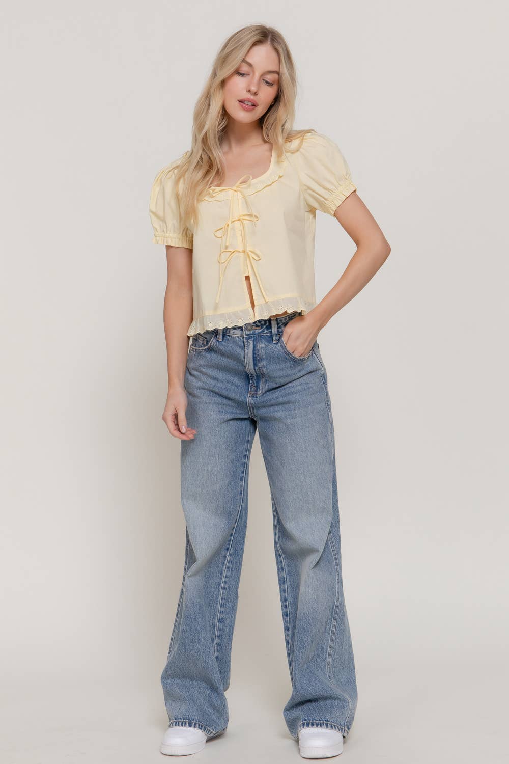 Short Sleeve Square Neck Blouse with Eyelet Lace Trim & Tie: WHT-white / M