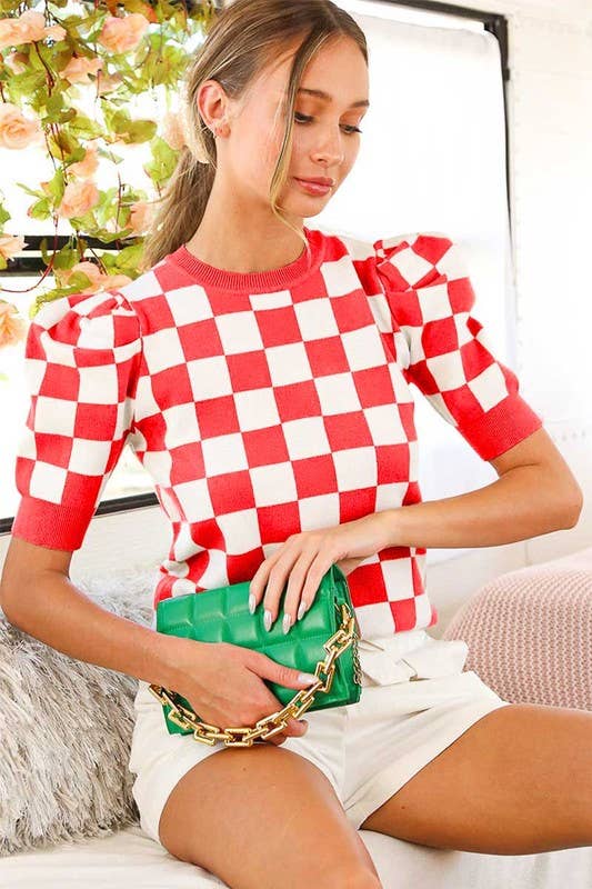 Checkerboard Crew Neck Short Puff Sleeve Sweater VT81345: Pink / S