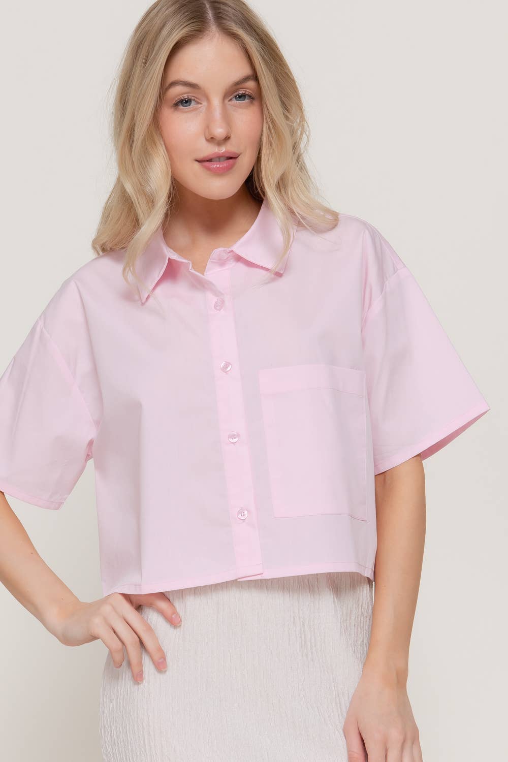 Short Sleeve Button Down Poplin Boxy Woven Shirt: BLU-blue / L