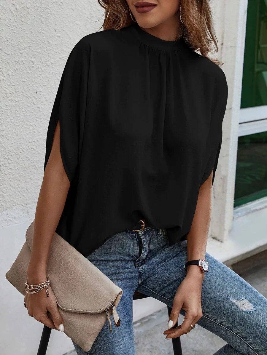 Mock collar winged blouse: Green / S
