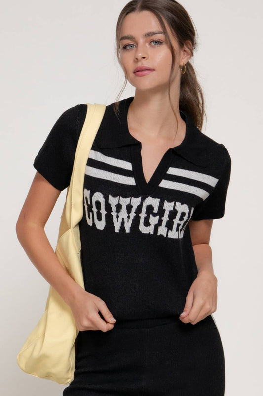 Jacquard Front Short Sleeve polo Knit Top: BLK-black/ivory / S