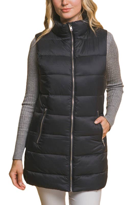 Sleeveless Longline Puffer Vest: BLACK