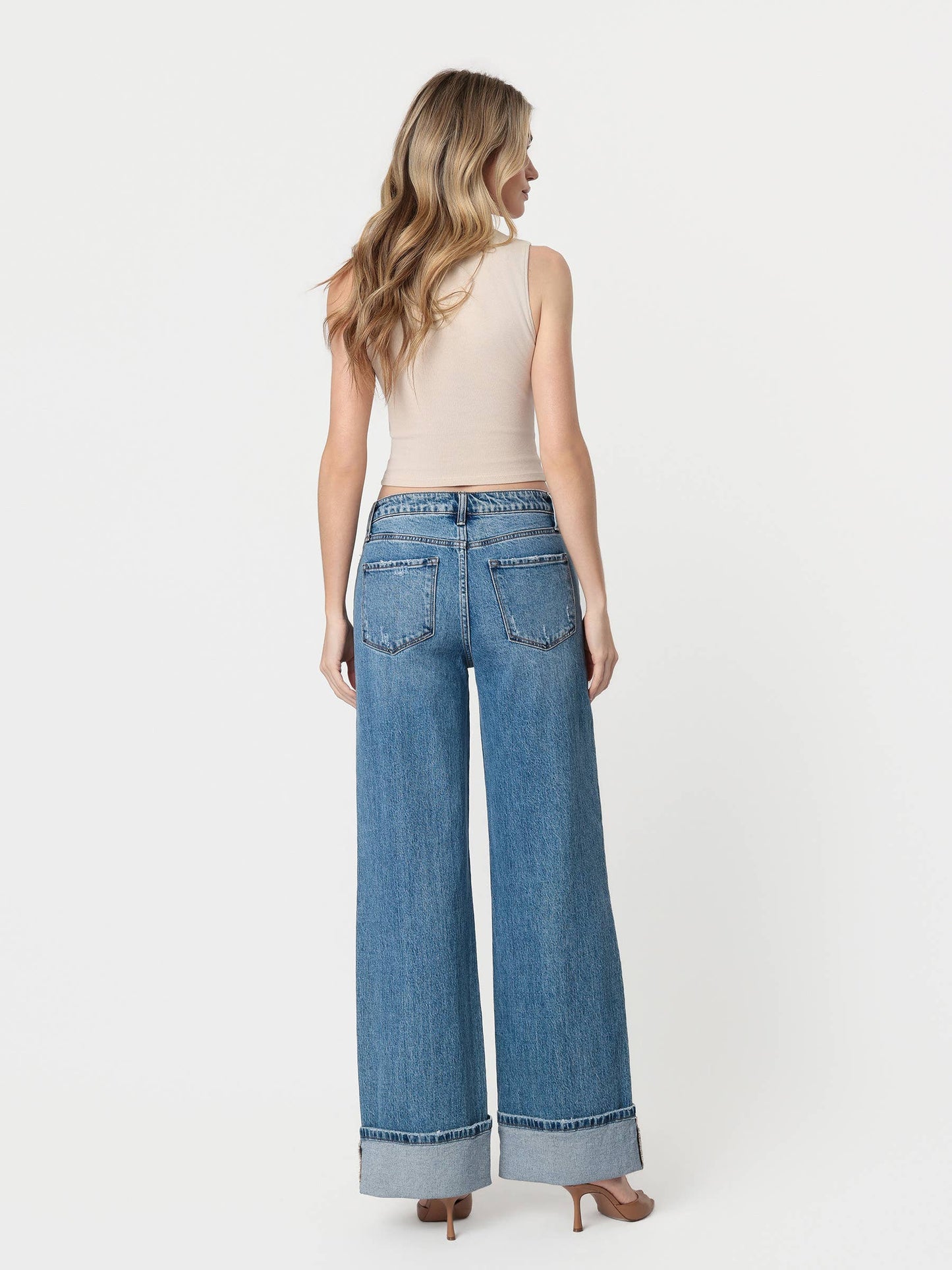 HIGH RISE CUFFED PANEL BAGGY WIDE JEANS T6645: SHINE / 27