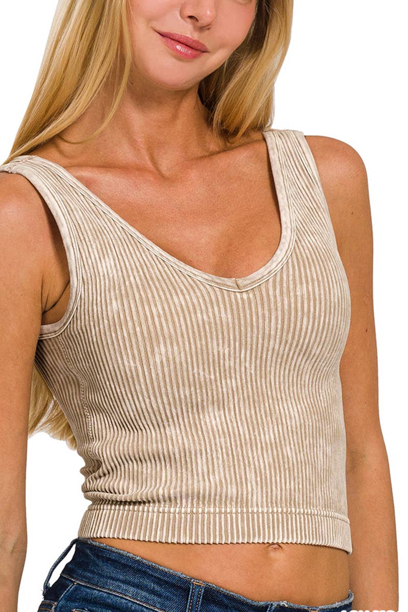 Washed Ribbed Cropped Bra Padded V-neck Tank Top: DEEP CAMEL / 3-3 (S/M-L/XL)