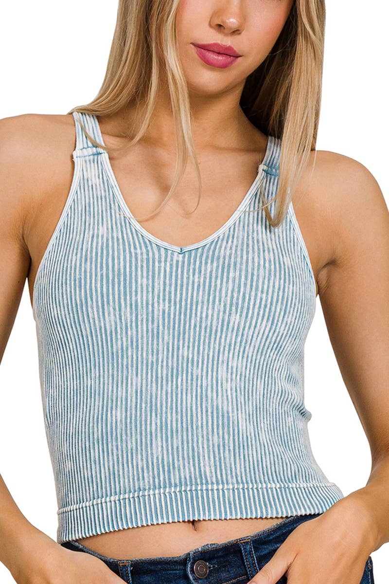 Washed Ribbed Cropped Bra Padded V-neck Tank Top: K GREEN / 3-3 (S/M-L/XL)