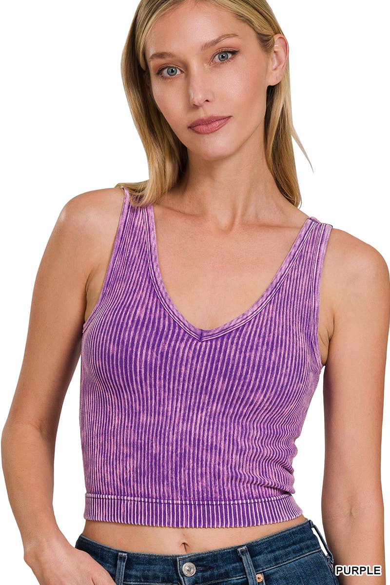 Washed Ribbed Cropped Bra Padded V-neck Tank Top: DEEP CAMEL / 3-3 (S/M-L/XL)