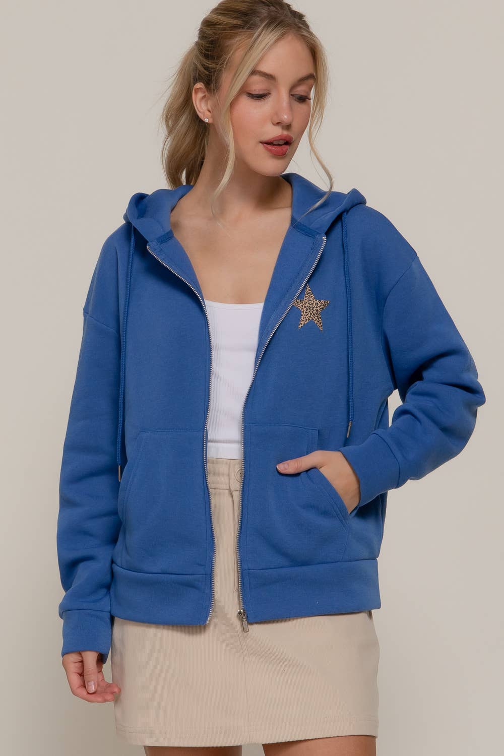 Long Sleeve Front & back Print Zip-Up Hoodie Jacket: BLU-dark blue / S
