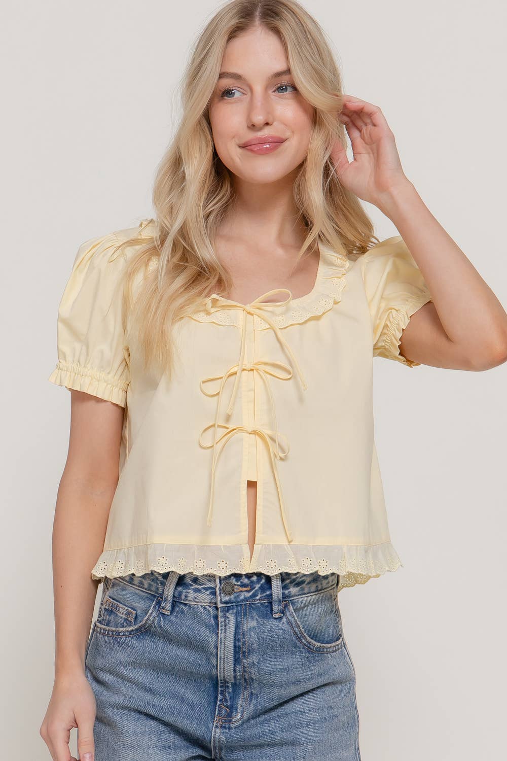 Short Sleeve Square Neck Blouse with Eyelet Lace Trim & Tie: WHT-white / S