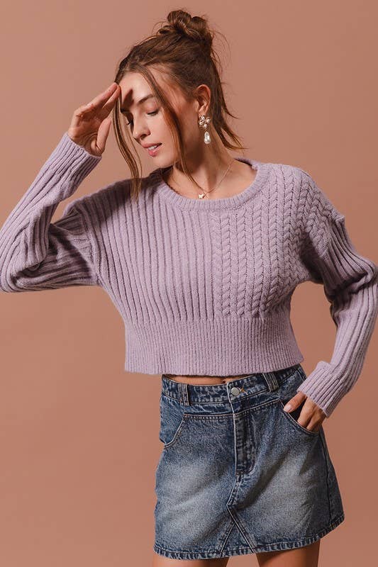 Cable Knit Crop Sweater Top: IVORY