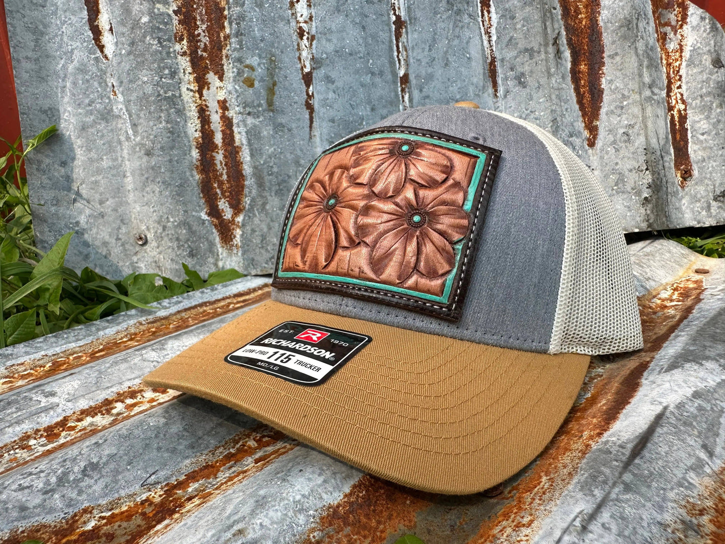 Tooled Leather Patch Cap Primrose Western Cowgirl Rodeo: Brown/Tan