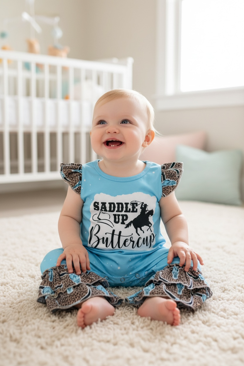 Saddle up Buttercup" Turquoise baby romper. LT-202016 AMY: 2T