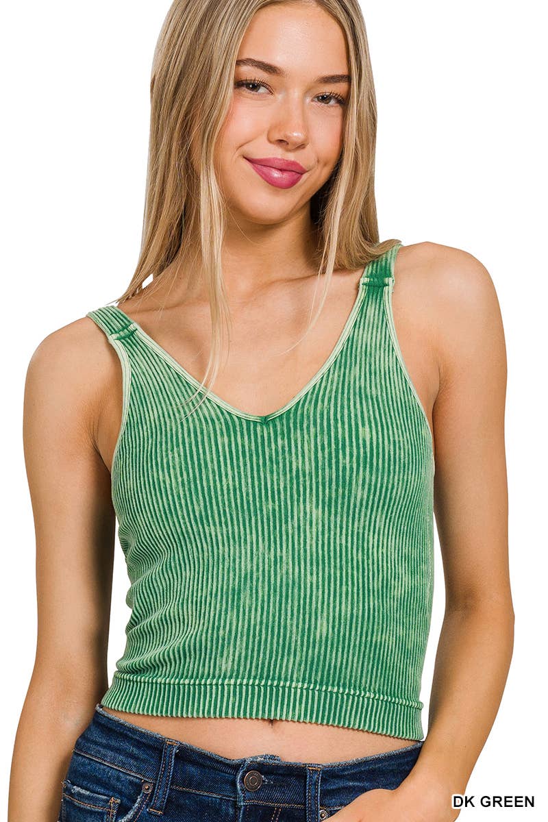 Washed Ribbed Cropped Bra Padded V-neck Tank Top: K GREEN / 3-3 (S/M-L/XL)