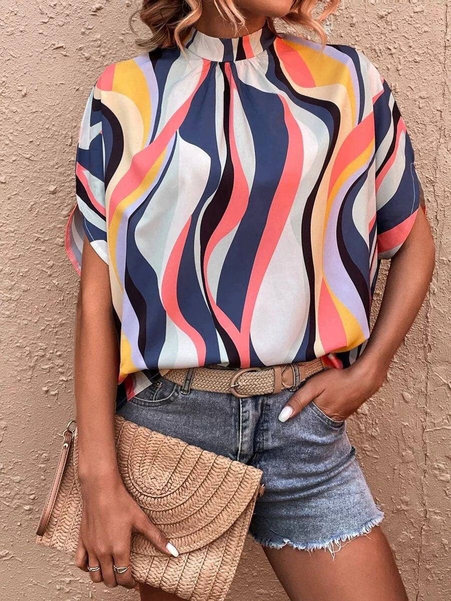 Mock collar winged blouse: Green / L