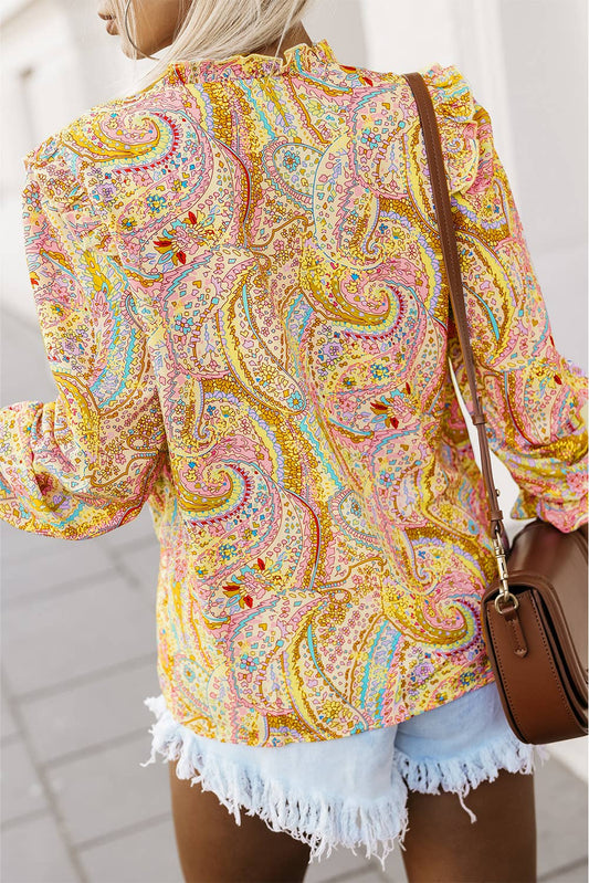 Paisley Ruffle Boho Buttoned Shirt: S / Yellow