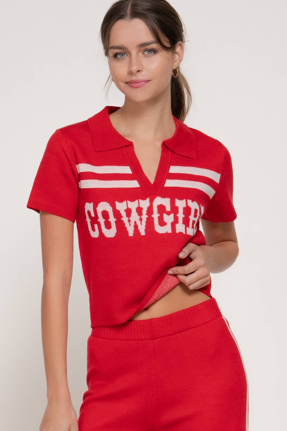 Jacquard Front Short Sleeve polo Knit Top: BLK-black/ivory / L
