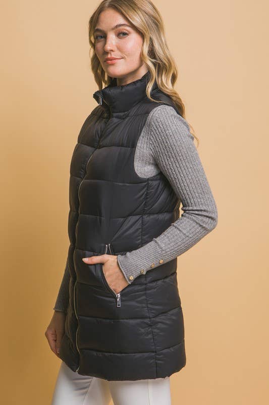 Sleeveless Longline Puffer Vest: BLACK