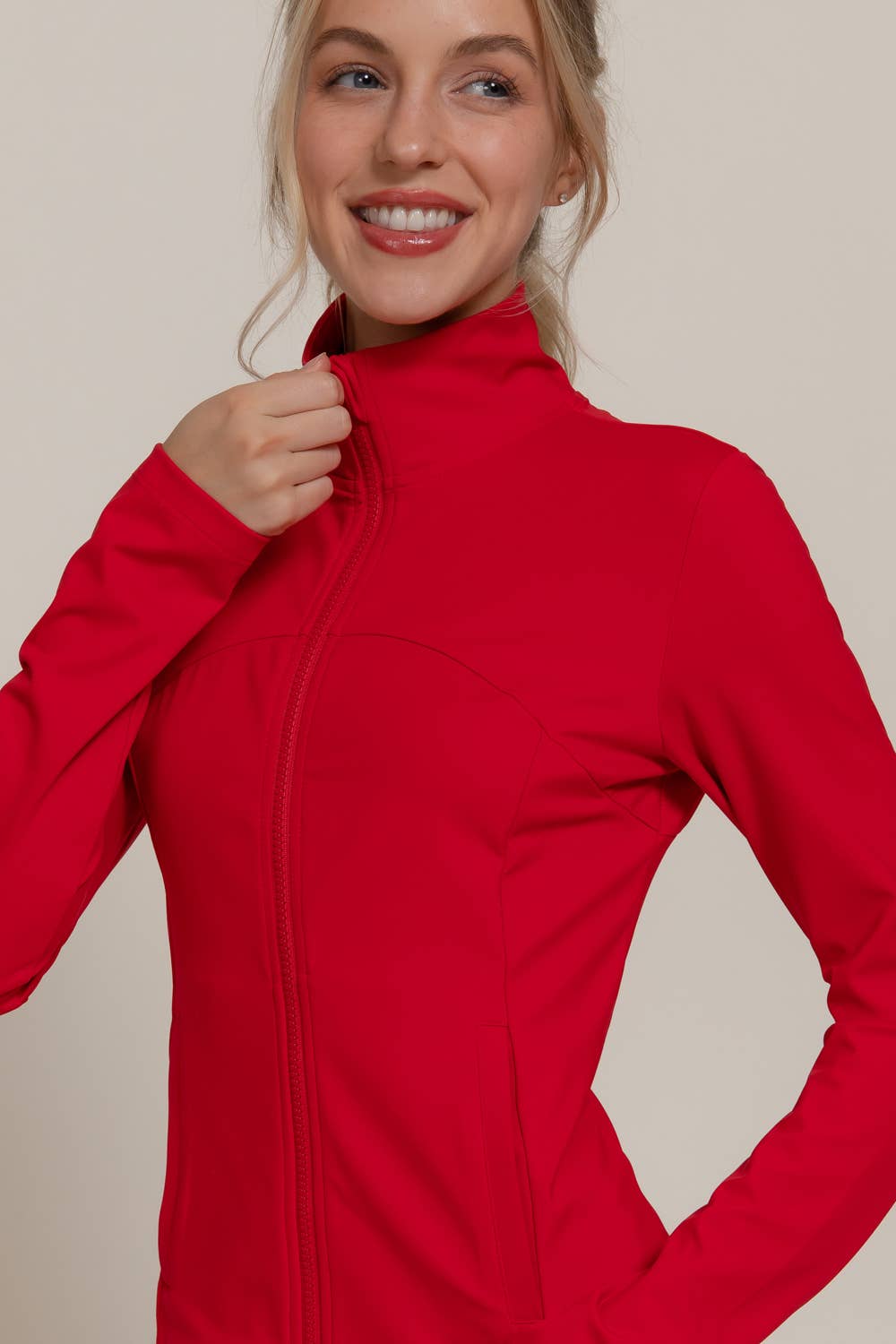 Long Sleeve Mock Neck Seam Detail Workout Jacket: GRN-jade green / M