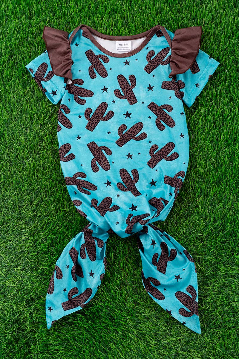 Brown cactus printed baby gown with brown angel sleeves. PJG25153023 M: Multi-color
